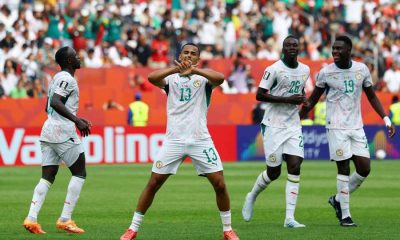 Senegal's Iliman Ndiaye celebrates scoring with teammates during a 5-0 victory over Iraq at the 2026 FIFA World Cup. Image used for Sportxparte news.