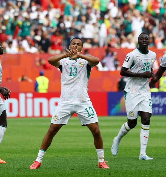 Senegal's Iliman Ndiaye celebrates scoring with teammates during a 5-0 victory over Iraq at the 2026 FIFA World Cup. Image used for Sportxparte news.