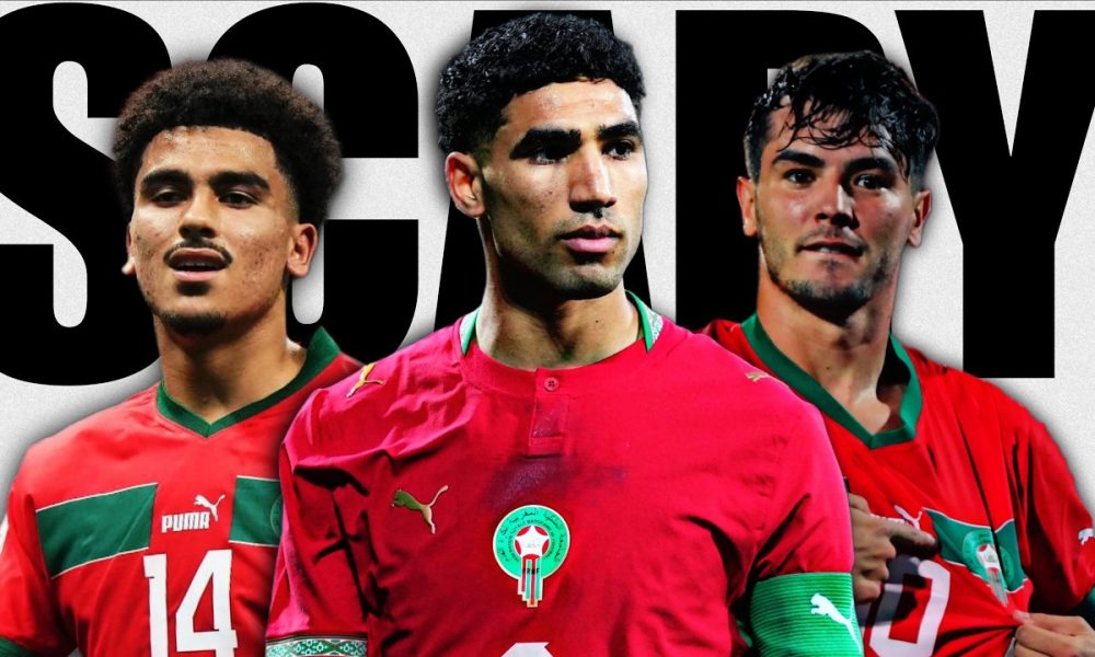 A graphic featuring three Morocco national football team players in red Puma jerseys with green trim: Eliesse Ben Seghir wearing number 14 on the left, captain Achraf Hakimi in the center wearing an armband, and Brahim Díaz on the right pointing to his crest, all set against a white background with the bold black text "SCARY." Image used for Sportxparte news.