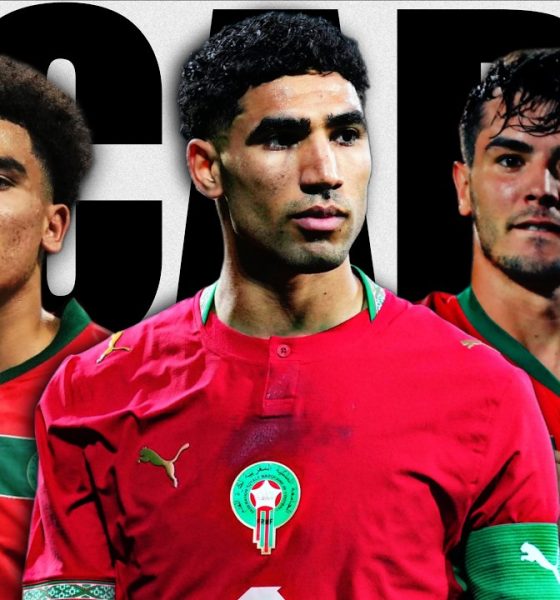 A graphic featuring three Morocco national football team players in red Puma jerseys with green trim: Eliesse Ben Seghir wearing number 14 on the left, captain Achraf Hakimi in the center wearing an armband, and Brahim Díaz on the right pointing to his crest, all set against a white background with the bold black text "SCARY." Image used for Sportxparte news.