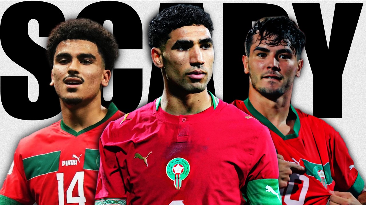 A graphic featuring three Morocco national football team players in red Puma jerseys with green trim: Eliesse Ben Seghir wearing number 14 on the left, captain Achraf Hakimi in the center wearing an armband, and Brahim Díaz on the right pointing to his crest, all set against a white background with the bold black text "SCARY." Image used for Sportxparte news.