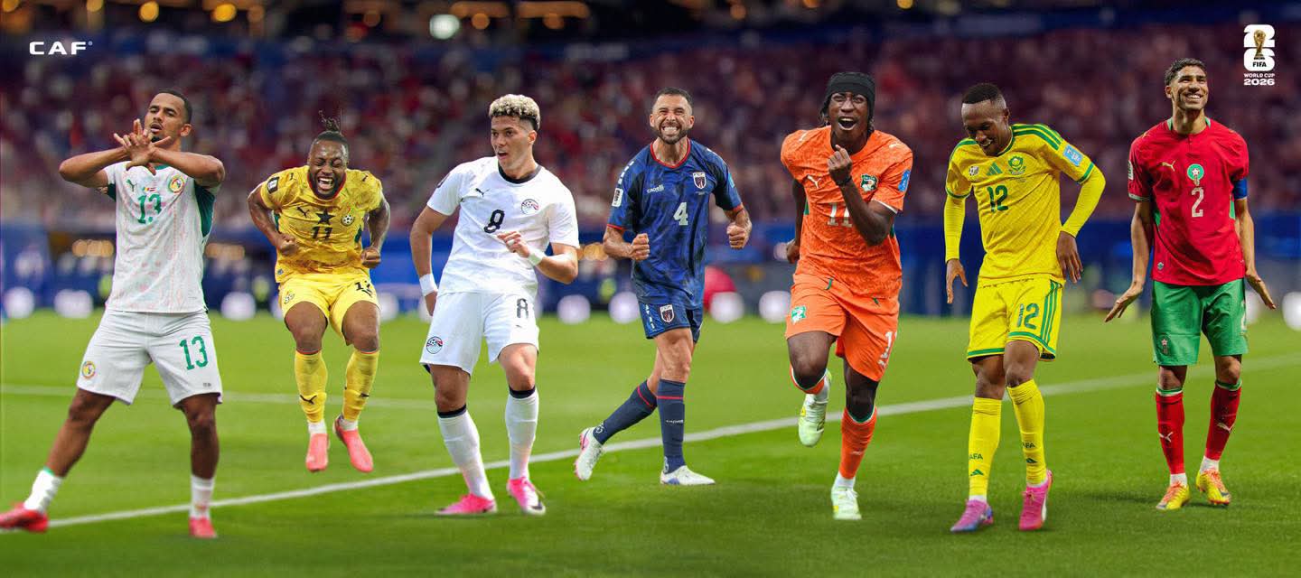 The graphic portrays the seven African countries that initially secured a spot in the FIFA World Cup 2026 Round of 32. Following the conclusion of all group matches, the final count of African representatives to advance reached an unprecedented nine teams out of ten (Algeria, Cabo Verde, DR Congo, Egypt, Ghana, Ivory Coast, Morocco, Senegal, and South Africa). Image used for Sportxparte news.