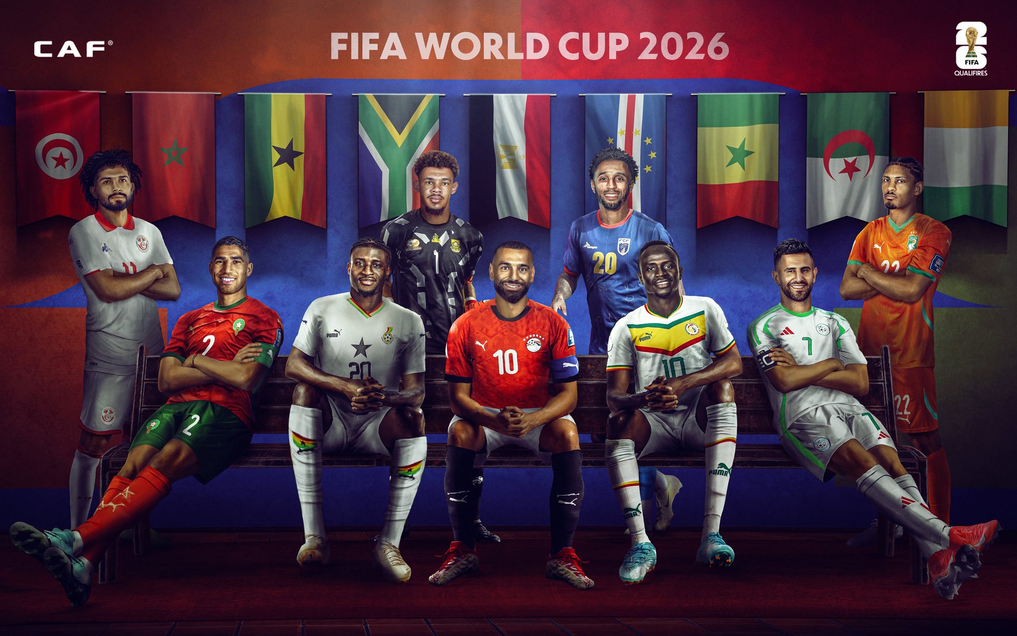 This image is an official Confederation of African Football (CAF) graphic celebrating the nine African nations that earned automatic qualification for the FIFA World Cup 2026. Image used for Sportxparte news.