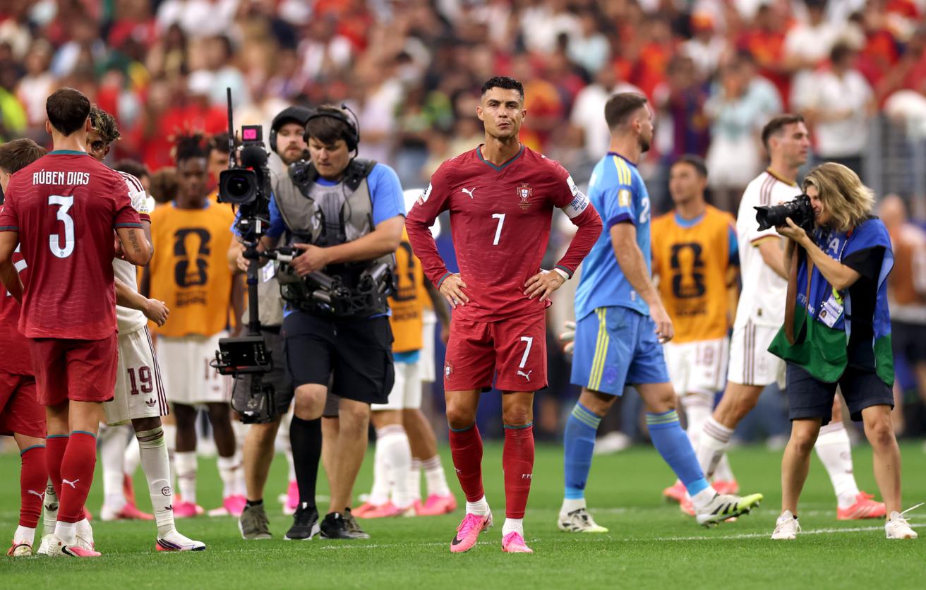 Cristiano Ronaldo reacting to Portugal's heartbreaking 1-0 loss to Spain in the Round of 16 at the 2026 FIFA World Cup on July 6, 2026. Image used for Sportxparte news.