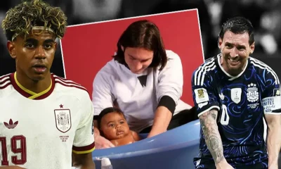 The central image shows a famous 2007 charity photoshoot where Lionel Messi gave a bath to a five-month-old baby who grew up to be Spanish football star Lamine Yamal. Image used for Sportxparte news.