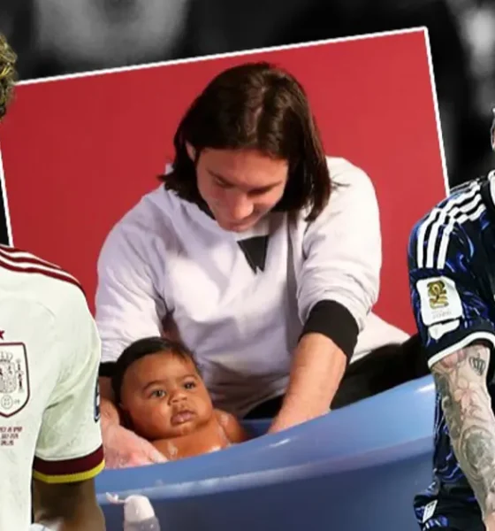The central image shows a famous 2007 charity photoshoot where Lionel Messi gave a bath to a five-month-old baby who grew up to be Spanish football star Lamine Yamal. Image used for Sportxparte news.