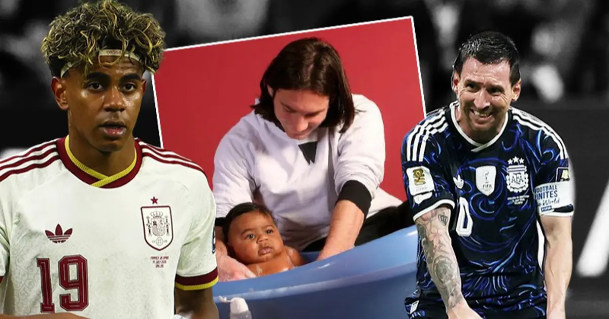 The central image shows a famous 2007 charity photoshoot where Lionel Messi gave a bath to a five-month-old baby who grew up to be Spanish football star Lamine Yamal. Image used for Sportxparte news.
