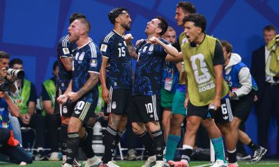 Argentina national football team celebrating a goal during their 2-1 victory over England in the 2026 FIFA World Cup semi-finals. Image used for Sportxparte news.