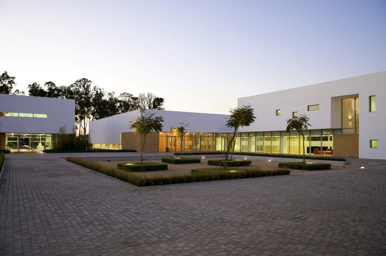 Modernist courtyard architecture of the Mohammed VI Football Academy buildings in Salé, Morocco. Image used for Sportxparte news.