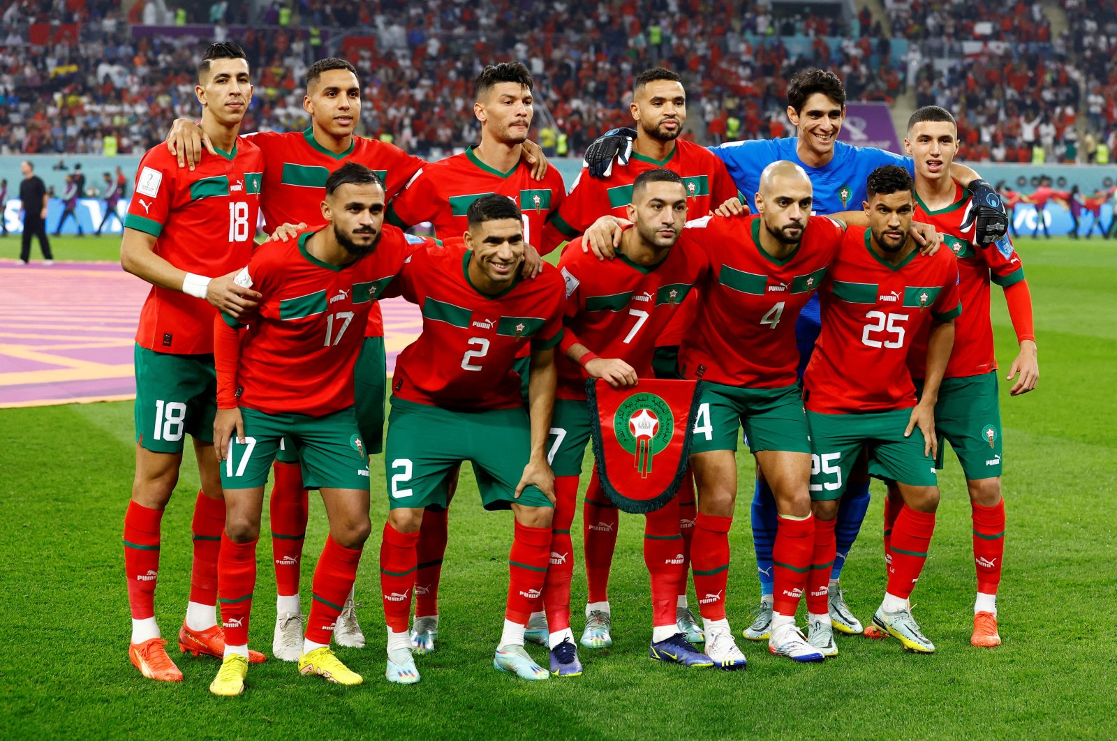 Morocco national football team starting lineup posing for a group photo at the FIFA World Cup Qatar 2022. Image used for Sportxparte news.