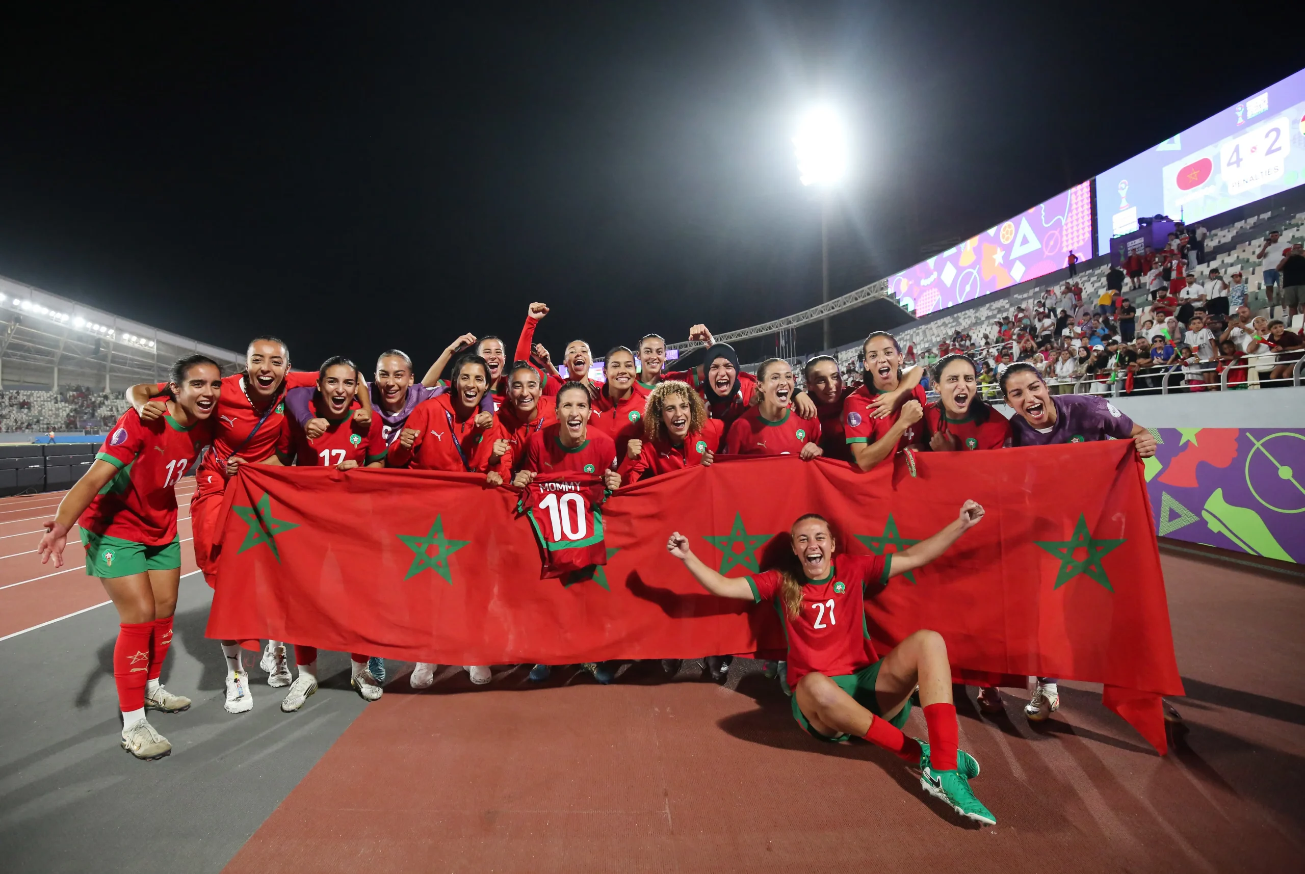Morocco women's national football team celebrating a penalty shootout victory over Ghana to reach the 2025 WAFCON final. Image used for Sportxparte news.