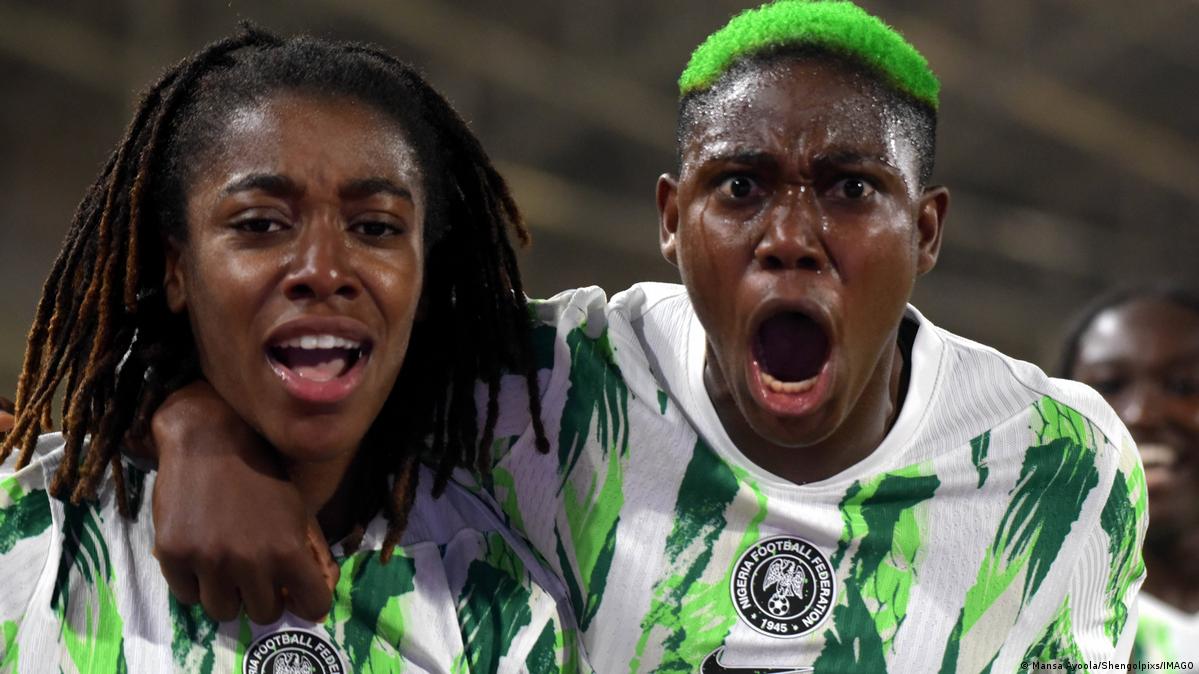 Jennifer Echegini and Asisat Oshoala of the Nigeria women's national football team celebrate winning the WAFCON title. Image used for Sportxparte news.