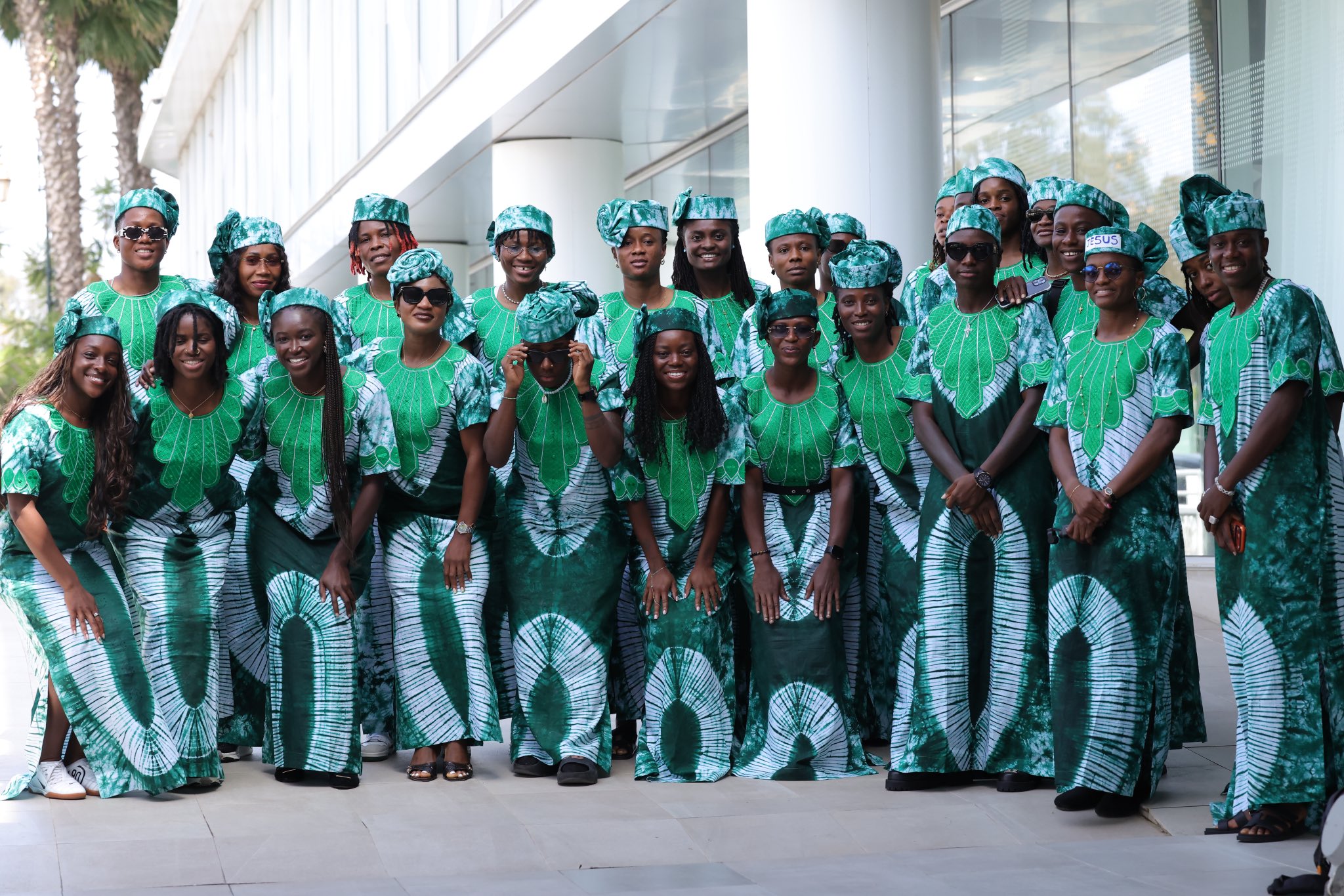 Nigeria's women's national football team, popularly known as the Super Falcons, posing together after arriving in Rabat, Morocco. Image used for Sportxparte news.