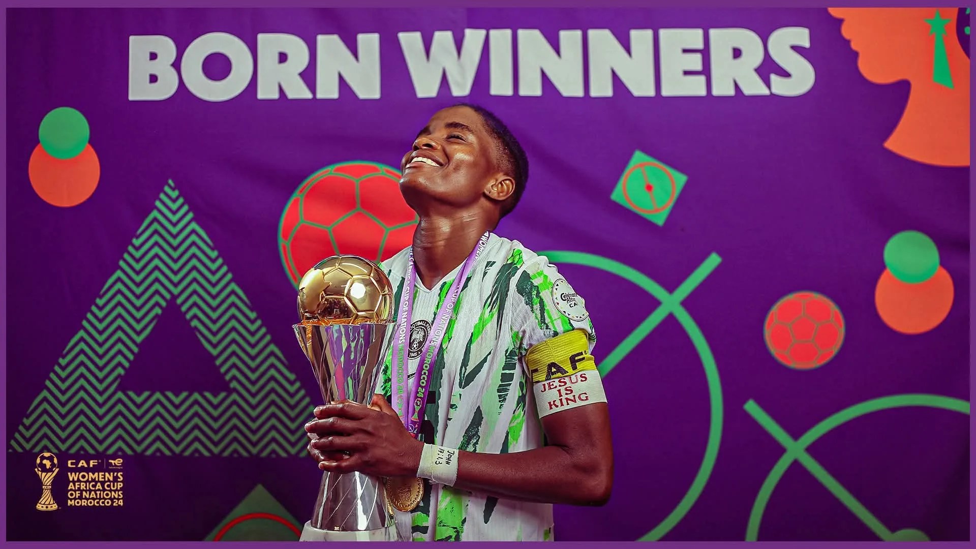 Rasheedat Ajibade, forward and captain of the Nigerian women's national football team (the Super Falcons), is pictured celebrating with the Women's Africa Cup of Nations (WAFCON) trophy. Image used for Sportxparte news.