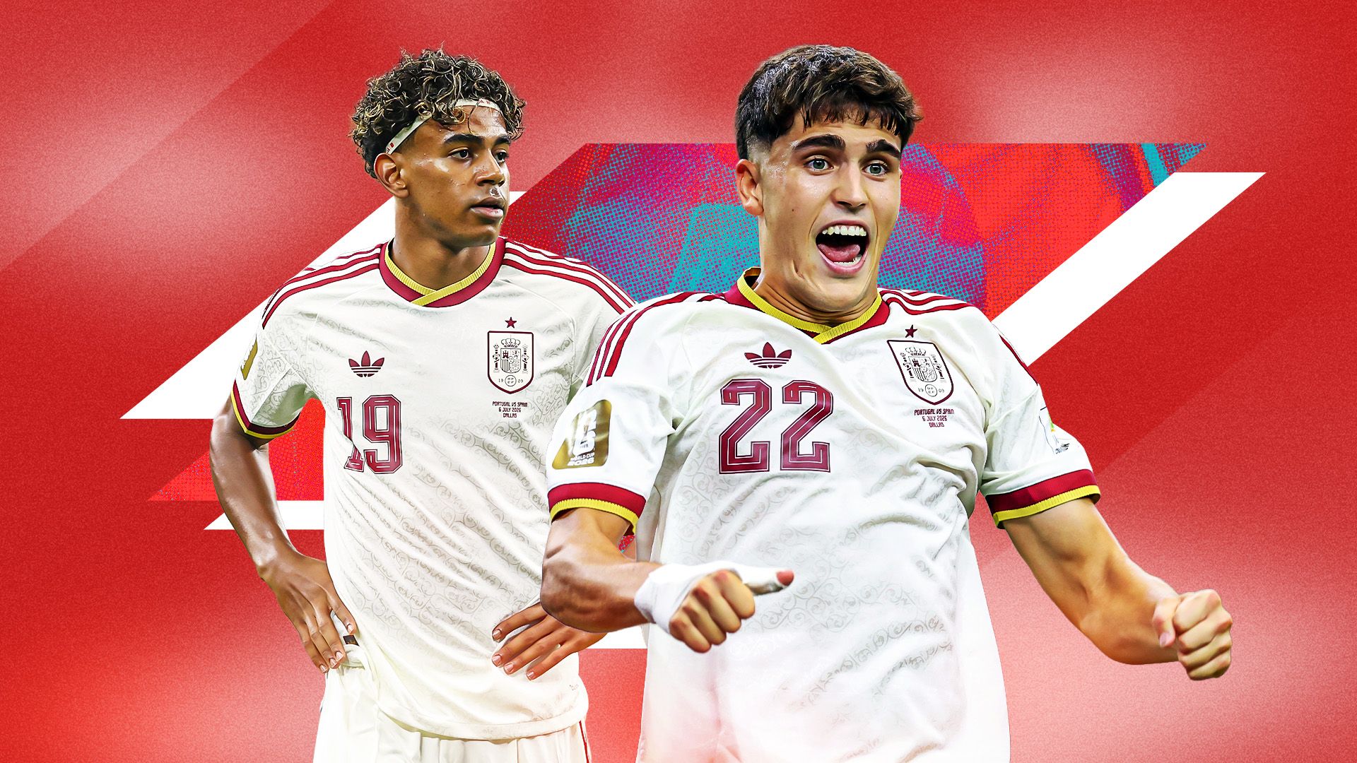Lamine Yamal (left, wearing #19) and Pau Cubarsí (right, wearing #22) are the two prominent young Spanish footballers featured in this image. Image used for Sportxparte news.
