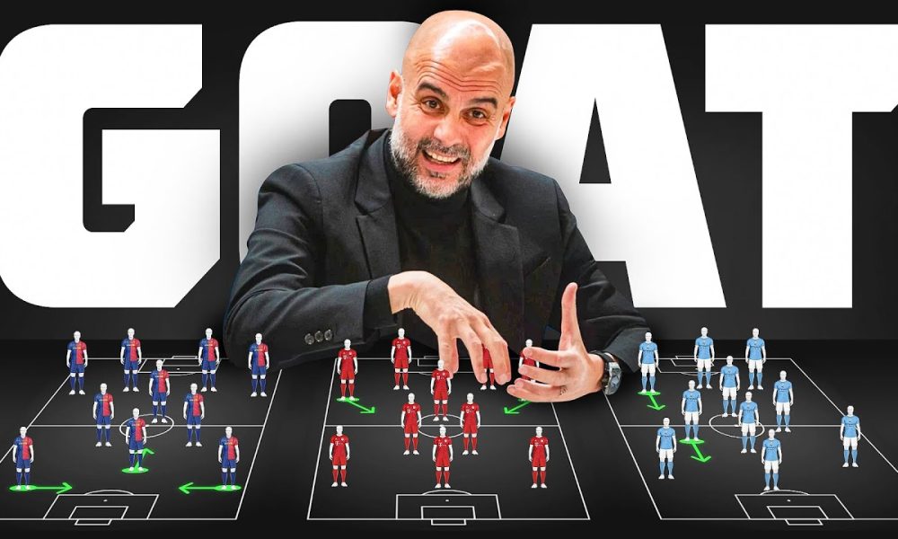 A graphic thumbnail featuring football manager Pep Guardiola smiling and leaning over three tactical football formation boards laid out horizontally against a dark background with the word "GOAT" in massive, bold white letters behind him. From left to right, the boards depict miniaturized player figures arranged in tactical shapes representing his main coaching eras: his Barcelona team in blue and red stripes, his Bayern Munich side in solid red kits, and his Manchester City squad in light blue jerseys, complete with glowing green tactical movement arrows. Image used for Sportxparte news.