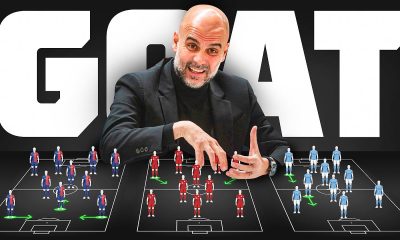 A graphic thumbnail featuring football manager Pep Guardiola smiling and leaning over three tactical football formation boards laid out horizontally against a dark background with the word "GOAT" in massive, bold white letters behind him. From left to right, the boards depict miniaturized player figures arranged in tactical shapes representing his main coaching eras: his Barcelona team in blue and red stripes, his Bayern Munich side in solid red kits, and his Manchester City squad in light blue jerseys, complete with glowing green tactical movement arrows. Image used for Sportxparte news.