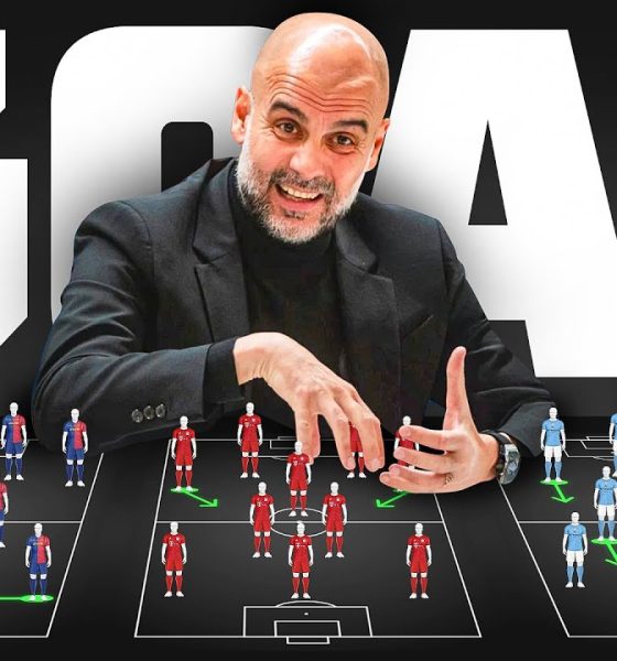 A graphic thumbnail featuring football manager Pep Guardiola smiling and leaning over three tactical football formation boards laid out horizontally against a dark background with the word "GOAT" in massive, bold white letters behind him. From left to right, the boards depict miniaturized player figures arranged in tactical shapes representing his main coaching eras: his Barcelona team in blue and red stripes, his Bayern Munich side in solid red kits, and his Manchester City squad in light blue jerseys, complete with glowing green tactical movement arrows. Image used for Sportxparte news.