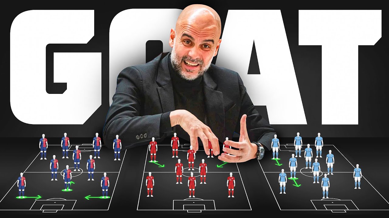 A graphic thumbnail featuring football manager Pep Guardiola smiling and leaning over three tactical football formation boards laid out horizontally against a dark background with the word "GOAT" in massive, bold white letters behind him. From left to right, the boards depict miniaturized player figures arranged in tactical shapes representing his main coaching eras: his Barcelona team in blue and red stripes, his Bayern Munich side in solid red kits, and his Manchester City squad in light blue jerseys, complete with glowing green tactical movement arrows. Image used for Sportxparte news.