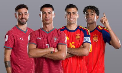 Portugal vs Spain World Cup 2026 Round of 16 promotional graphic featuring Bruno Fernandes, Cristiano Ronaldo, Rodri, and Lamine Yamal. Image used for Sportxparte news.