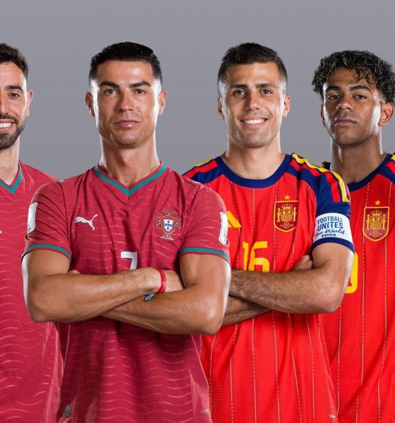 Portugal vs Spain World Cup 2026 Round of 16 promotional graphic featuring Bruno Fernandes, Cristiano Ronaldo, Rodri, and Lamine Yamal. Image used for Sportxparte news.