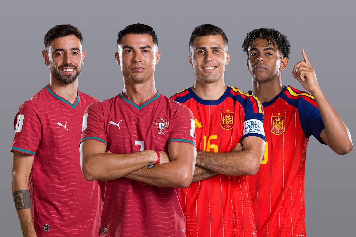 Portugal vs Spain World Cup 2026 Round of 16 promotional graphic featuring Bruno Fernandes, Cristiano Ronaldo, Rodri, and Lamine Yamal. Image used for Sportxparte news.