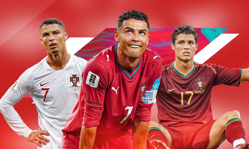 A graphic of Cristiano Ronaldo wearing different Portugal national team kits over his career. Image used for Sportxparte news.