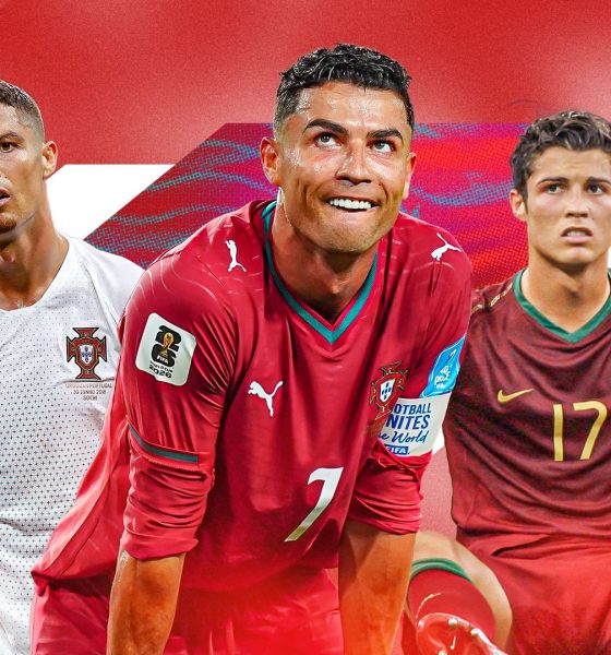 A graphic of Cristiano Ronaldo wearing different Portugal national team kits over his career. Image used for Sportxparte news.