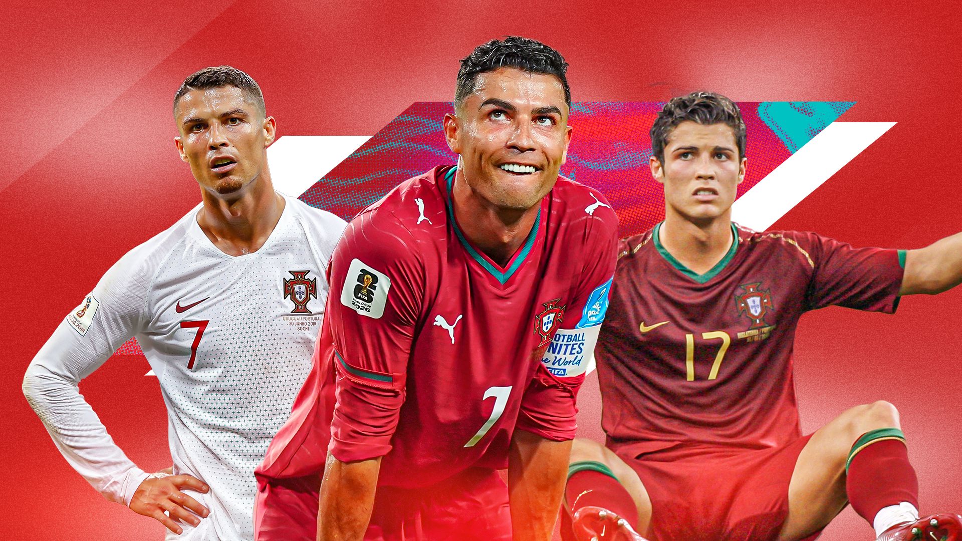 A graphic of Cristiano Ronaldo wearing different Portugal national team kits over his career. Image used for Sportxparte news.