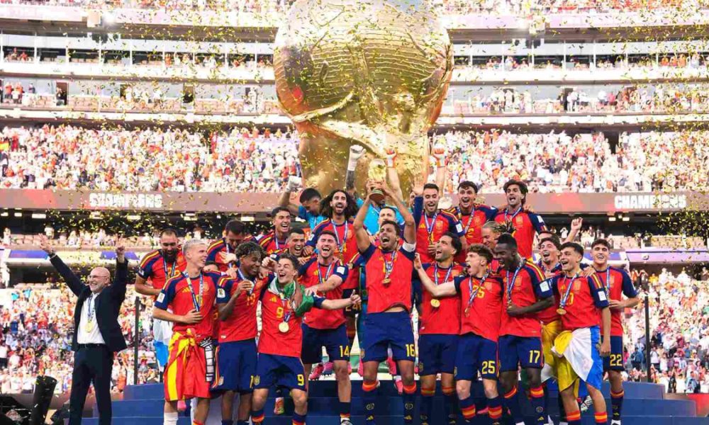 Spain national football team is celebrating its victory at the 2026 FIFA World Cup final. Image used for Sportxparte news.