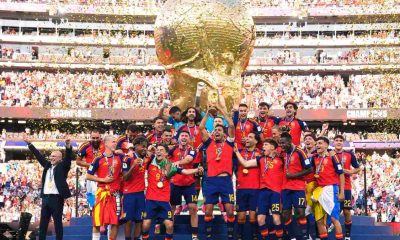 Spain national football team is celebrating its victory at the 2026 FIFA World Cup final. Image used for Sportxparte news.