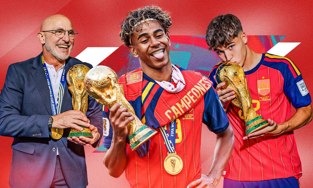 A celebratory sports graphic featuring Spain's national football team after winning the 2026 FIFA World Cup, with manager Luis de la Fuente, forward Lamine Yamal sticking out his tongue, and defender Pau Cubarsí kissing the FIFA World Cup trophy, all wearing gold champion medals over their red and blue national jerseys against a vibrant red background. Image used for Sportxparte news.