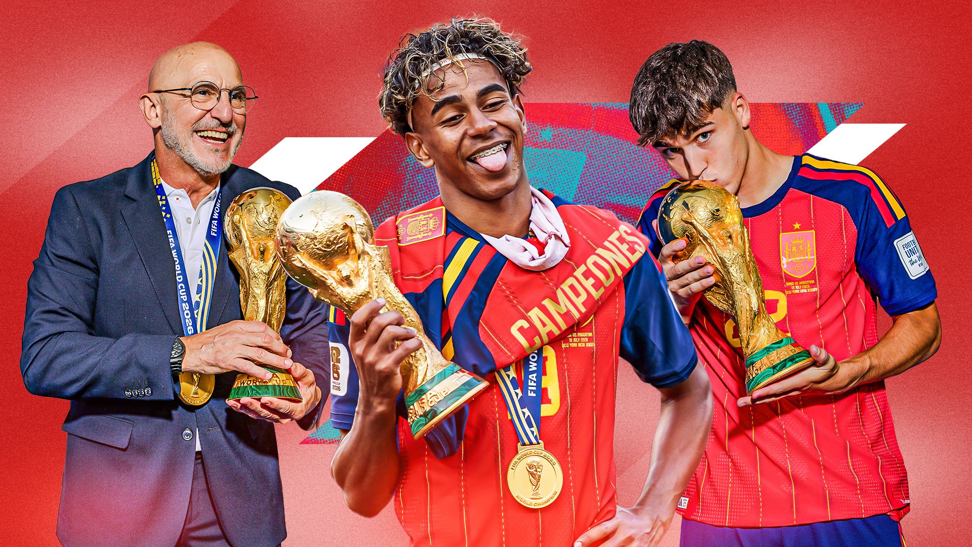 A celebratory sports graphic featuring Spain's national football team after winning the 2026 FIFA World Cup, with manager Luis de la Fuente, forward Lamine Yamal sticking out his tongue, and defender Pau Cubarsí kissing the FIFA World Cup trophy, all wearing gold champion medals over their red and blue national jerseys against a vibrant red background. Image used for Sportxparte news.