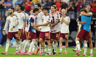 Spain national football team celebrating their 2-0 victory over France in the semi-finals of the 2026 FIFA World Cup. The match took place on July 14, 2026, at Dallas Stadium (AT&T Stadium) in Arlington, Texas. Image used for Sportxparte news.