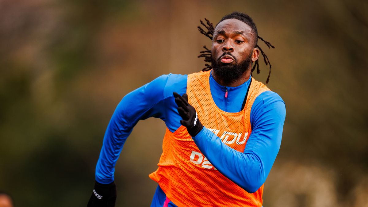 Nigerian professional footballer Tolu Arokodare. He is pictured sprinting during a training session at the Compton Park training ground for his club team, Wolverhampton Wanderers FC. Image used for Sportxparte news.