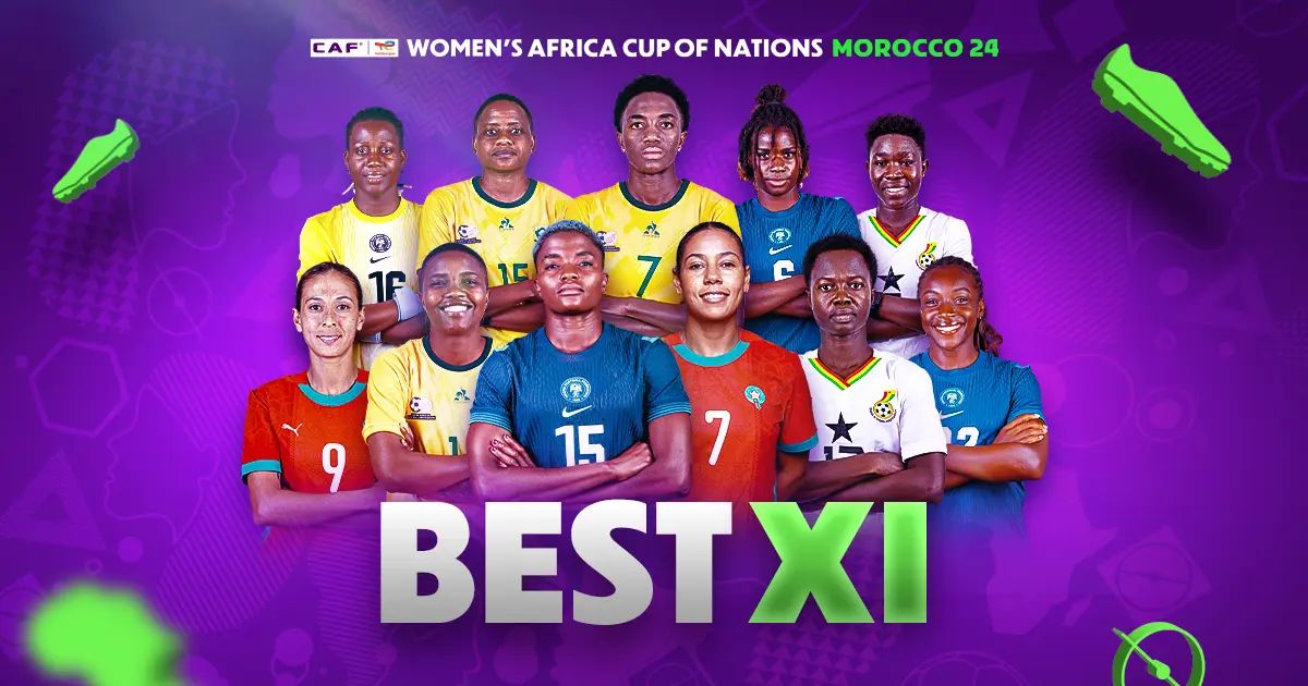 The provided graphic displays the official TotalEnergies CAF Women's Africa Cup of Nations (WAFCON) 2024 Best XI squad. Selected by the CAF Technical Study Group (TSG), this eleven-player team highlights the standout individual performers from the tournament co-hosted by Morocco and Ghana. Image used for Sportxparte news.