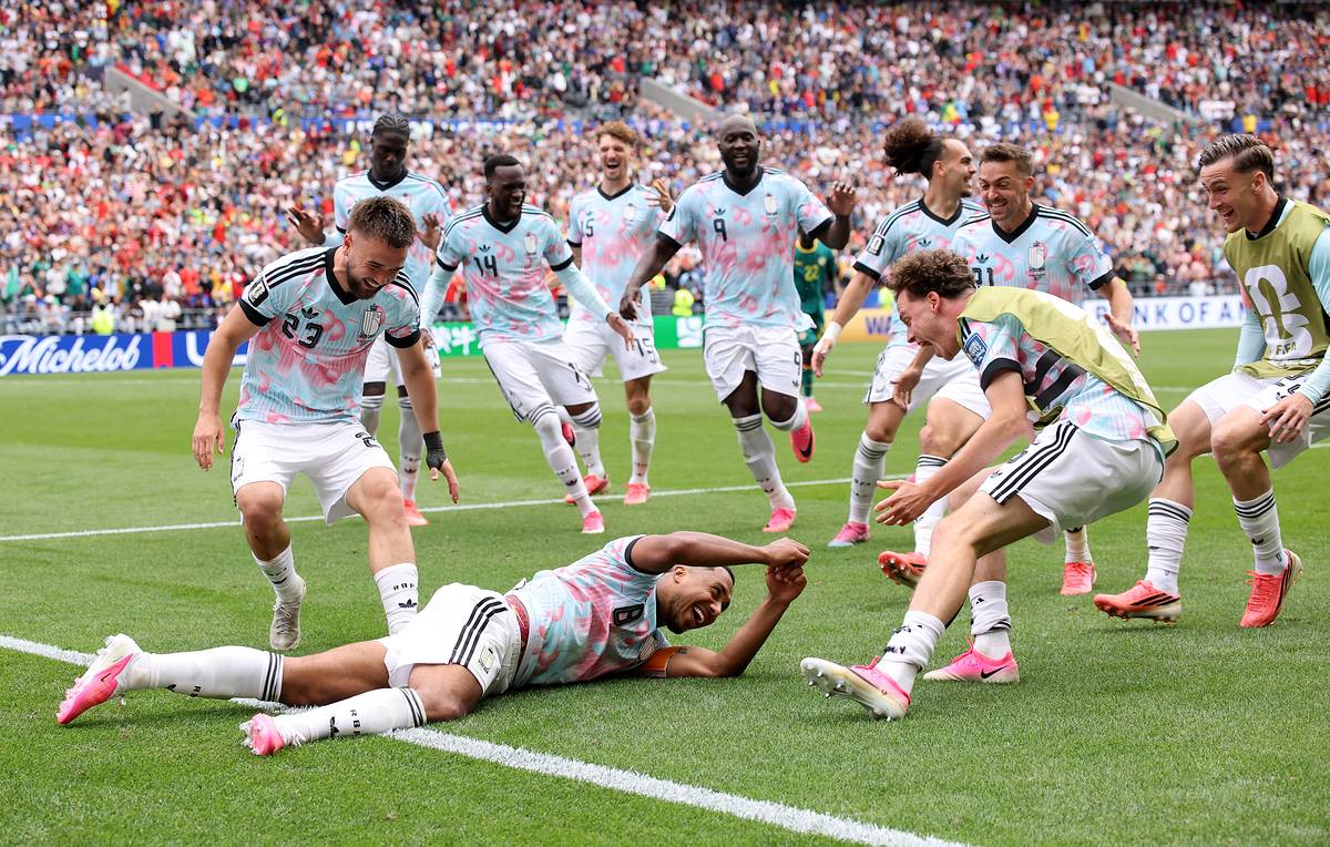 Belgium's Youri Tielemans celebrates with teammates after scoring a crucial goal against Senegal during the 2026 FIFA World Cup Round of 32 match. Image used for Sportxparte news.
