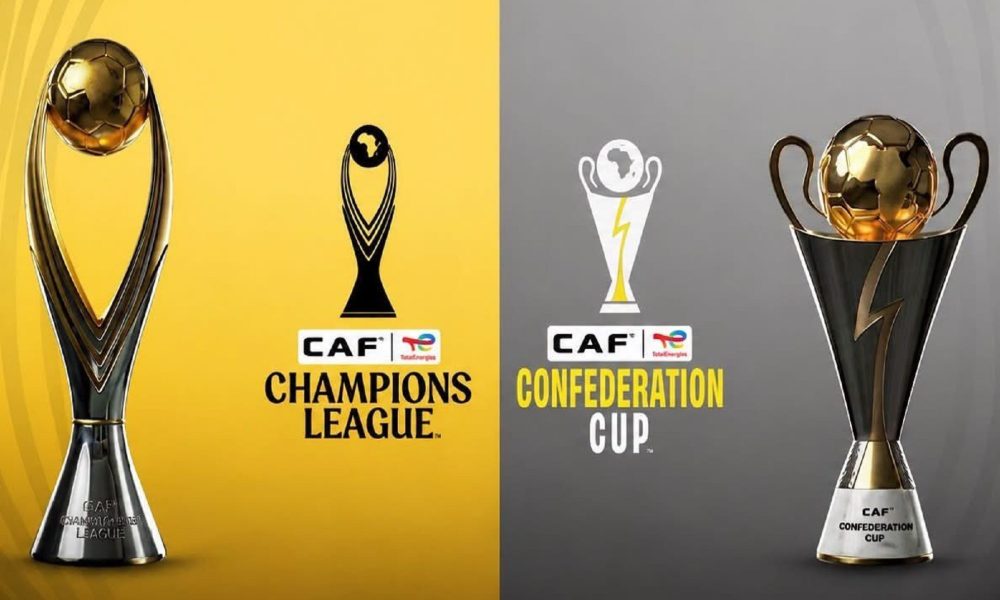 A comprehensive visual guide showcasing the prestigious CAF Champions League trophy alongside the CAF Confederation Cup trophy. This image highlights the official branding, TotalEnergies sponsorship integration, and unique trophy designs for Africa's top two premier club football tournaments organized by the Confederation of African Football. Perfect resource for African football fans tracking tournament schedules, club rankings, and continental championship history. Image used for Sportxparte news.