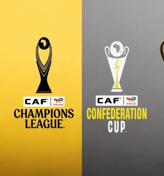 A comprehensive visual guide showcasing the prestigious CAF Champions League trophy alongside the CAF Confederation Cup trophy. This image highlights the official branding, TotalEnergies sponsorship integration, and unique trophy designs for Africa's top two premier club football tournaments organized by the Confederation of African Football. Perfect resource for African football fans tracking tournament schedules, club rankings, and continental championship history. Image used for Sportxparte news.