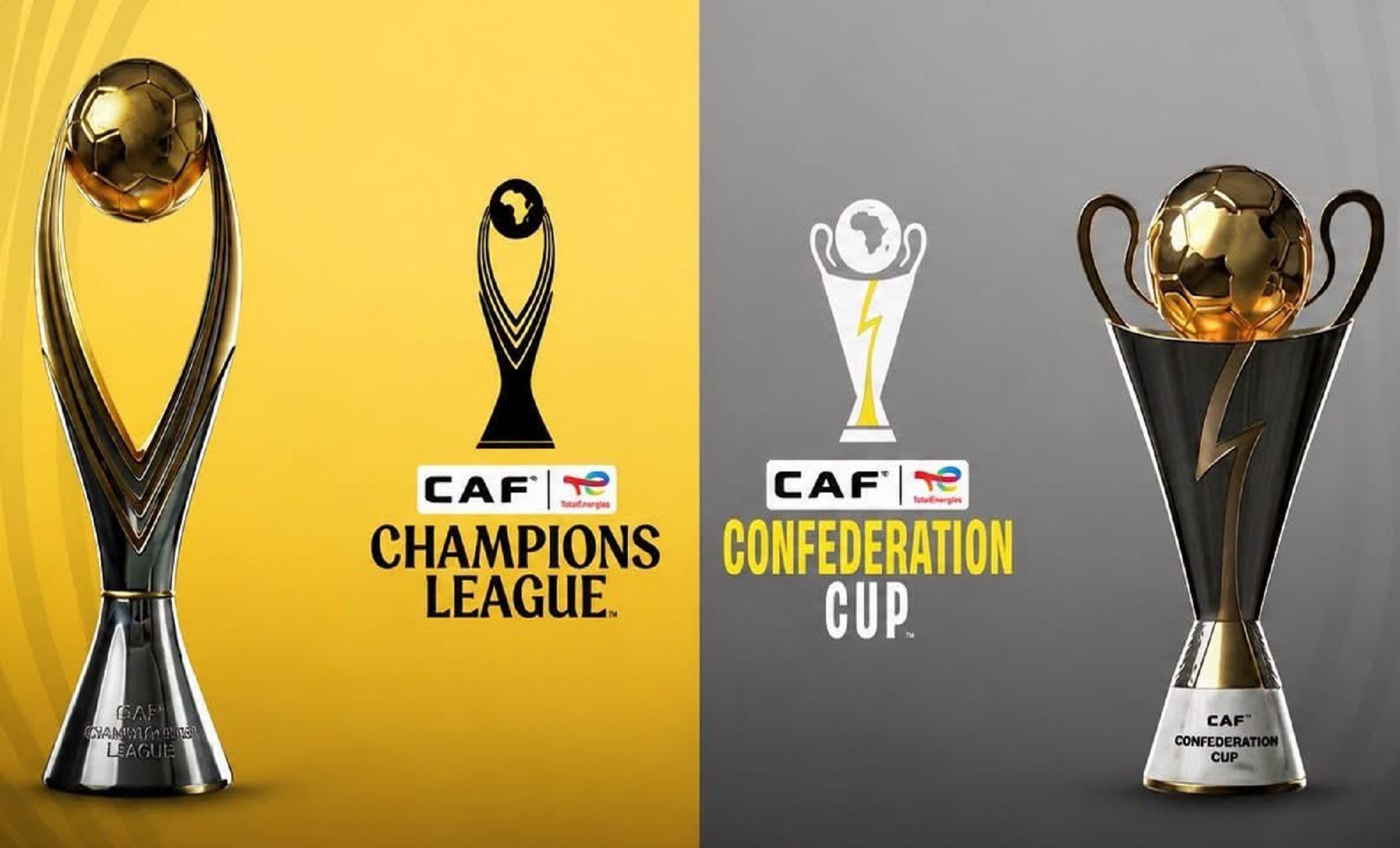 A comprehensive visual guide showcasing the prestigious CAF Champions League trophy alongside the CAF Confederation Cup trophy. This image highlights the official branding, TotalEnergies sponsorship integration, and unique trophy designs for Africa's top two premier club football tournaments organized by the Confederation of African Football. Perfect resource for African football fans tracking tournament schedules, club rankings, and continental championship history. Image used for Sportxparte news.