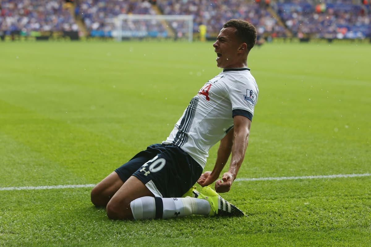 English professional footballer Dele Alli, shown celebrating his very first goal for Tottenham Hotspur against Leicester City on August 22, 2015. Image used for Sportxparte news.