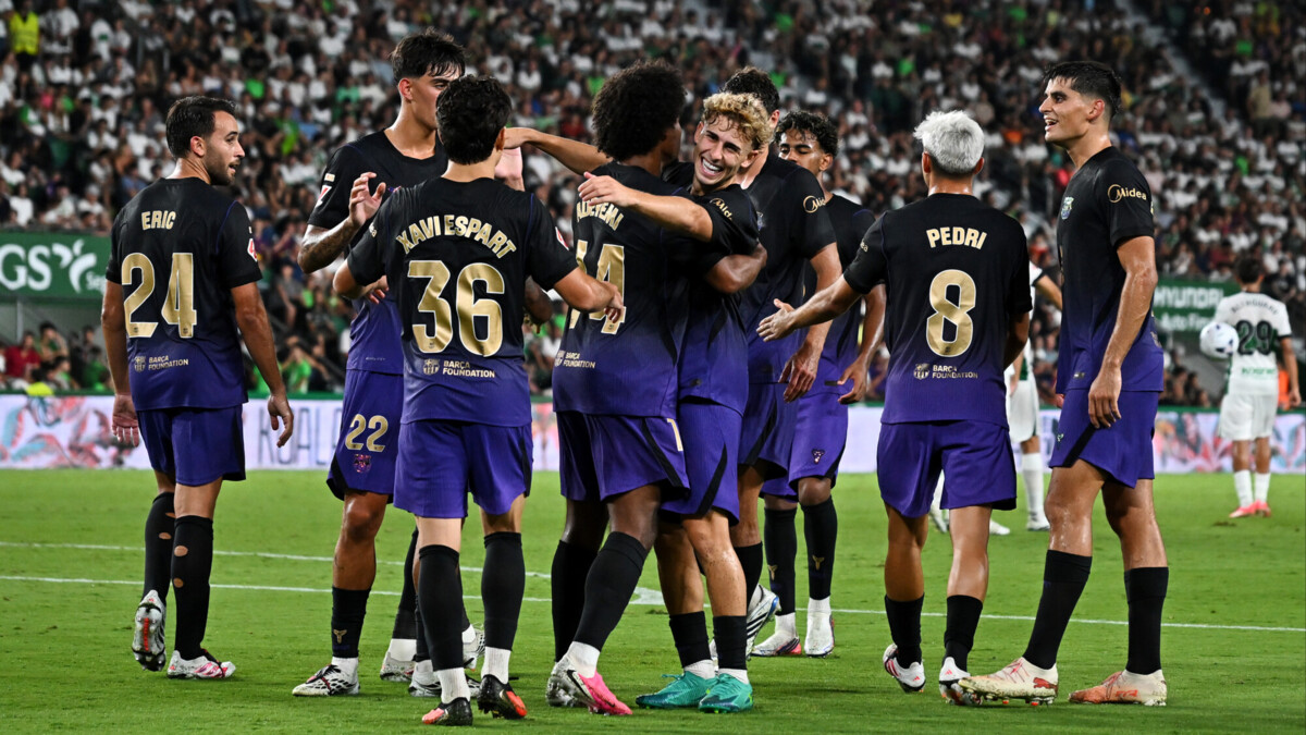 FC Barcelona kicked off their La Liga campaign in style on August 23, 2026, thrashing Elche 5-0 at the Estadio Martínez Valero. Debutants Karim Adeyemi and Anthony Gordon made immediate impacts alongside multi-goal performances from Raphinha and Fermín López. Image used for Sportxparte news.