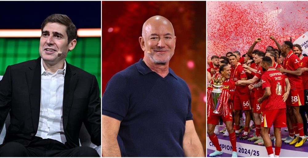 Split image showing Facebook co-founder Eduardo Saverin, Amazon founder Jeff Bezos, and Liverpool FC players celebrating their Premier League title, illustrating the 2026 minority stake sale by FSG. Image used for Sportxparte news.
