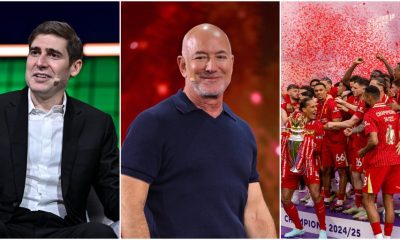 Split image showing Facebook co-founder Eduardo Saverin, Amazon founder Jeff Bezos, and Liverpool FC players celebrating their Premier League title, illustrating the 2026 minority stake sale by FSG. Image used for Sportxparte news.