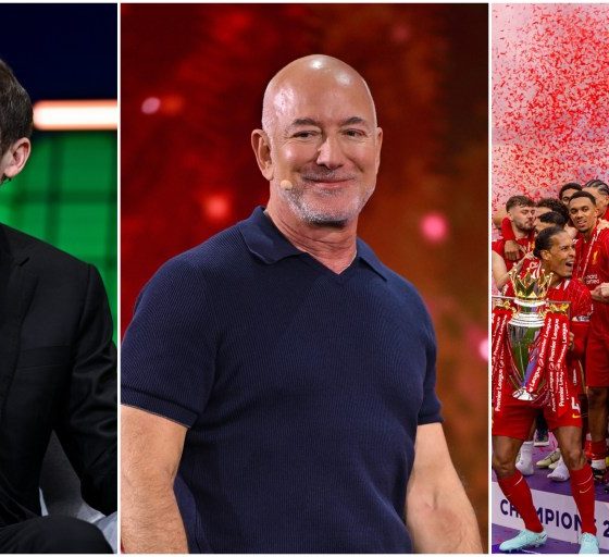 Split image showing Facebook co-founder Eduardo Saverin, Amazon founder Jeff Bezos, and Liverpool FC players celebrating their Premier League title, illustrating the 2026 minority stake sale by FSG. Image used for Sportxparte news.