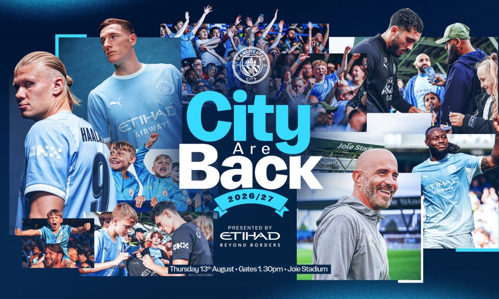 Manchester City open training 2026, Enzo Maresca Man City training, Erling Haaland Joie Stadium, City Are Back event 2026, Man City 2026/27 season launch, Etihad Airways football promotion. Image used for Sportxparte nres