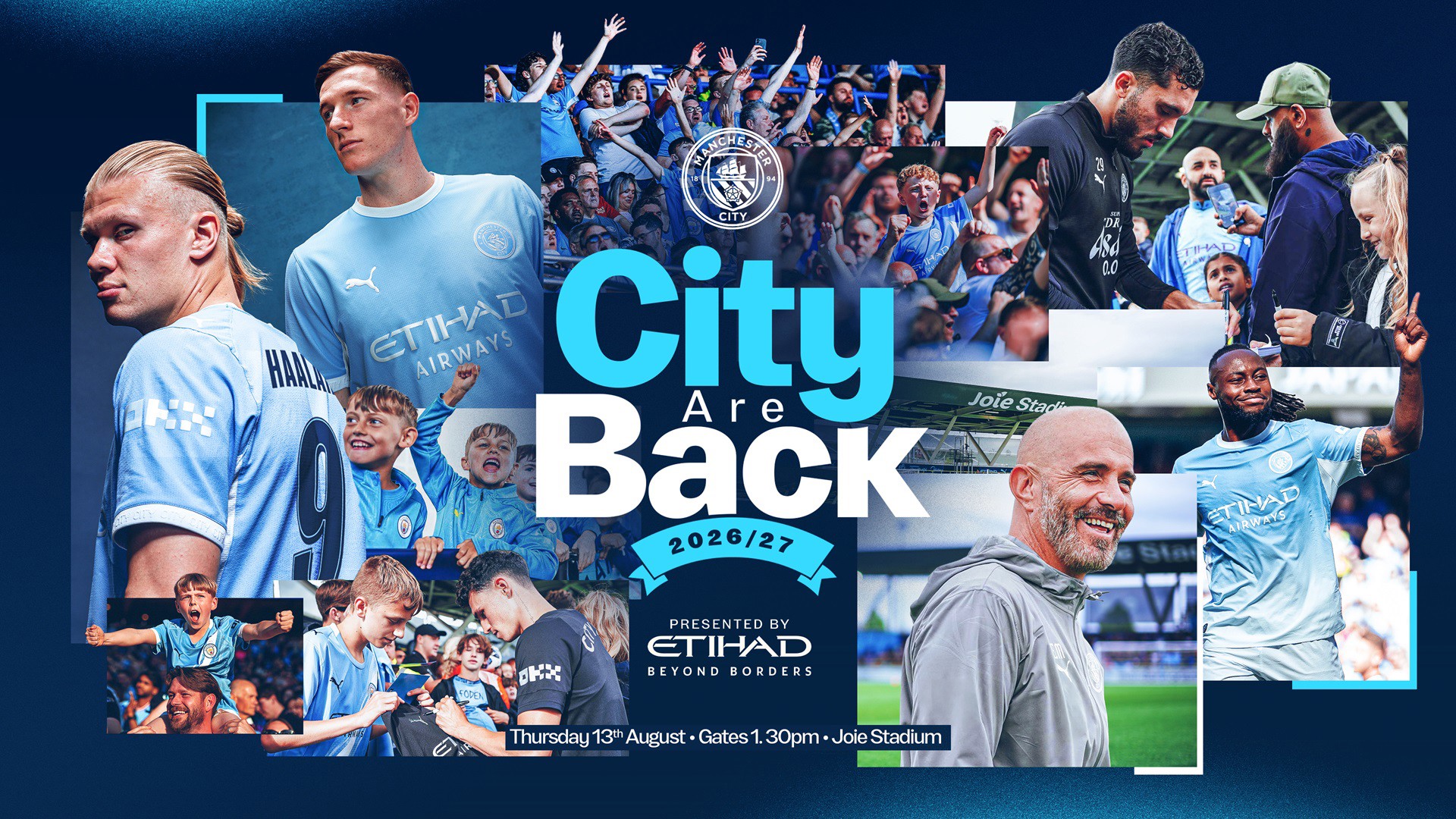 Manchester City open training 2026, Enzo Maresca Man City training, Erling Haaland Joie Stadium, City Are Back event 2026, Man City 2026/27 season launch, Etihad Airways football promotion. Image used for Sportxparte nres