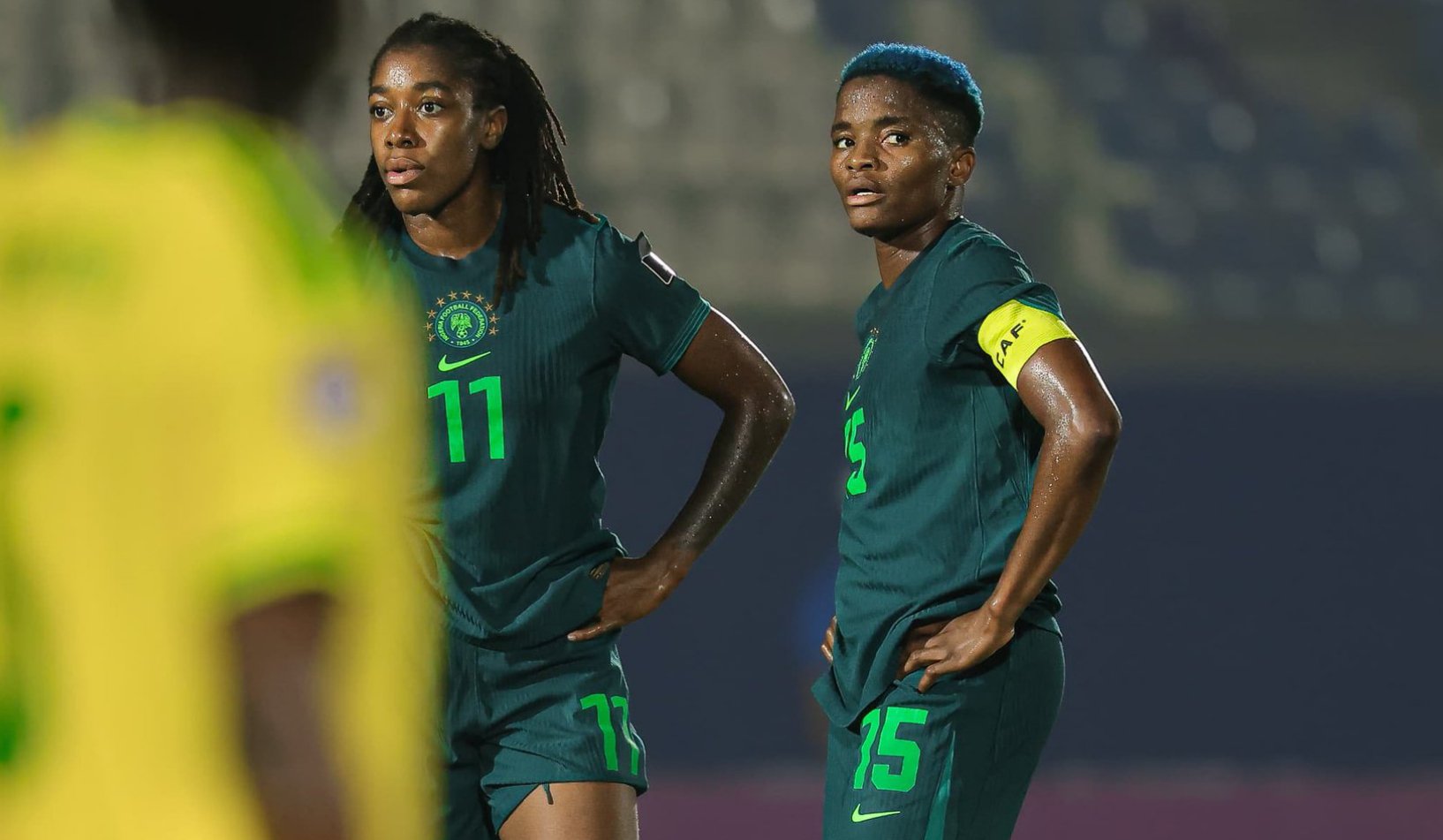 Super Falcons players' reaction after the 2-1 defeat against South Africa's Banyana Banyana in Morocco during the World Cup play-offs. Image used for Sportxparte news.