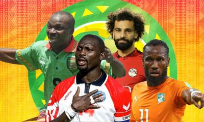 A tribute to Africa's greatest football players: Roger Milla, George Weah, Mohamed Salah, and Didier Drogba. Image used for Sportxparte news.