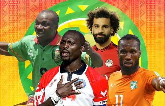 A tribute to Africa's greatest football players: Roger Milla, George Weah, Mohamed Salah, and Didier Drogba. Image used for Sportxparte news.